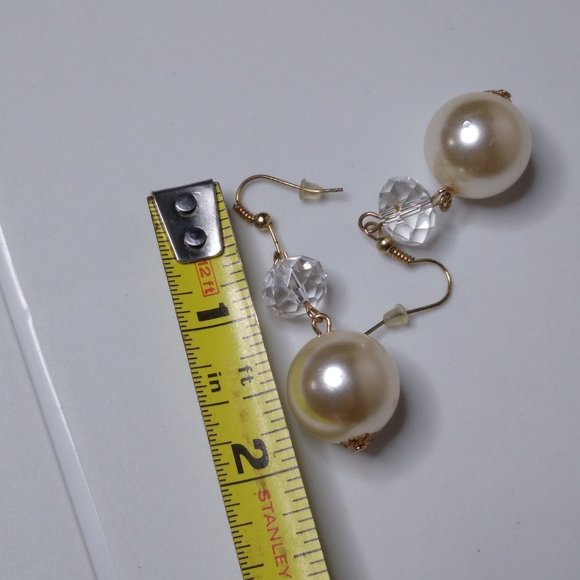 Vintage Clear Glass Bead And Faux Pearl Dangle Earrings - Picture 12 of 13